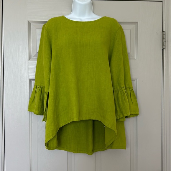 Bryn Walker Fran Linen Round Neck Ruffle 3/4 Bell Sleeve Top Tunic - Picture 2 of 11